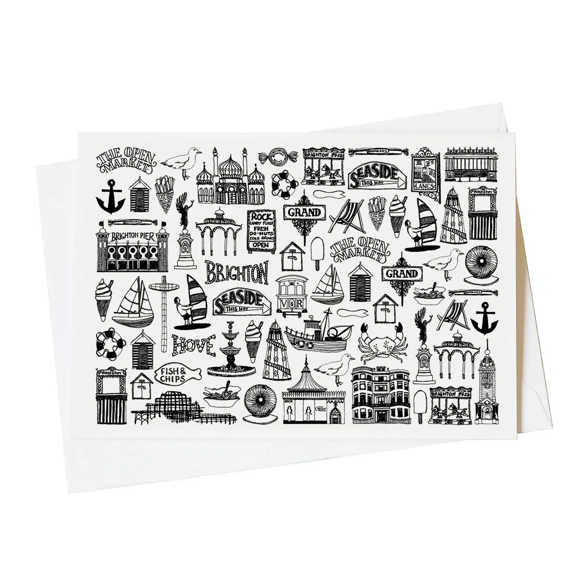 Brighton black and white illustrated blank greeting card