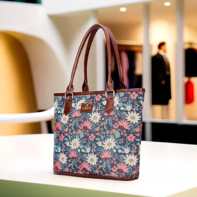 THE CLOWNFISH Justina Tapestry Fabric & Faux Leather Handbag for Women Office Bag Ladies Shoulder Bag Tote For Women College Girls (Purple-Floral)