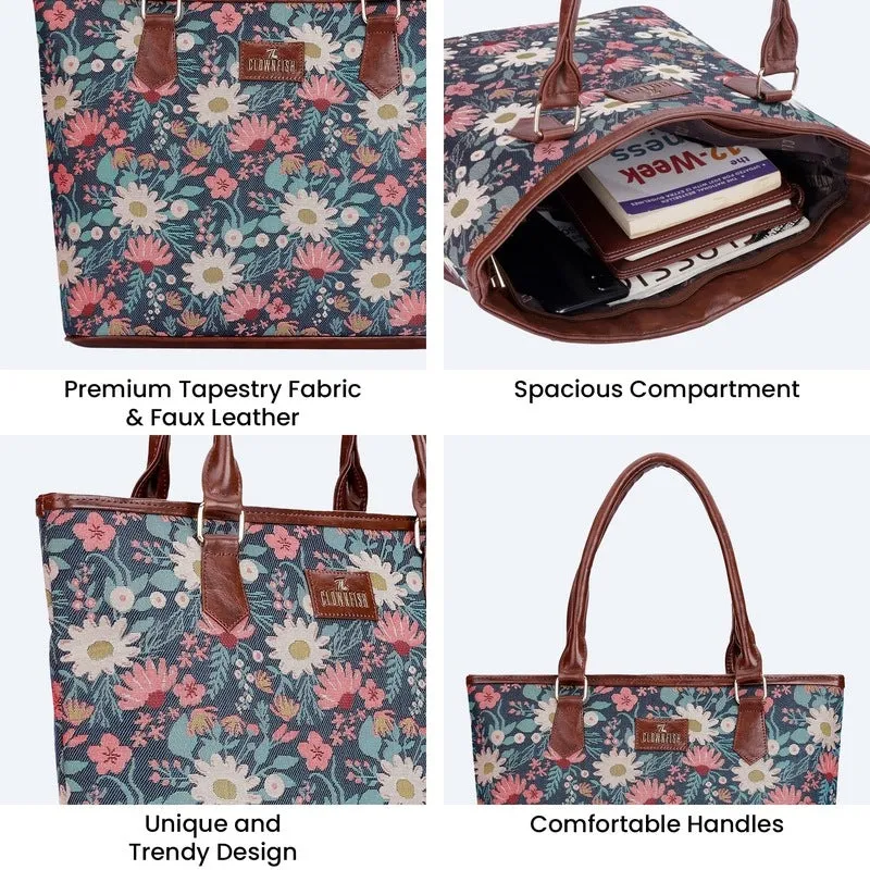 THE CLOWNFISH Justina Tapestry Fabric & Faux Leather Handbag for Women Office Bag Ladies Shoulder Bag Tote For Women College Girls (Purple-Floral)