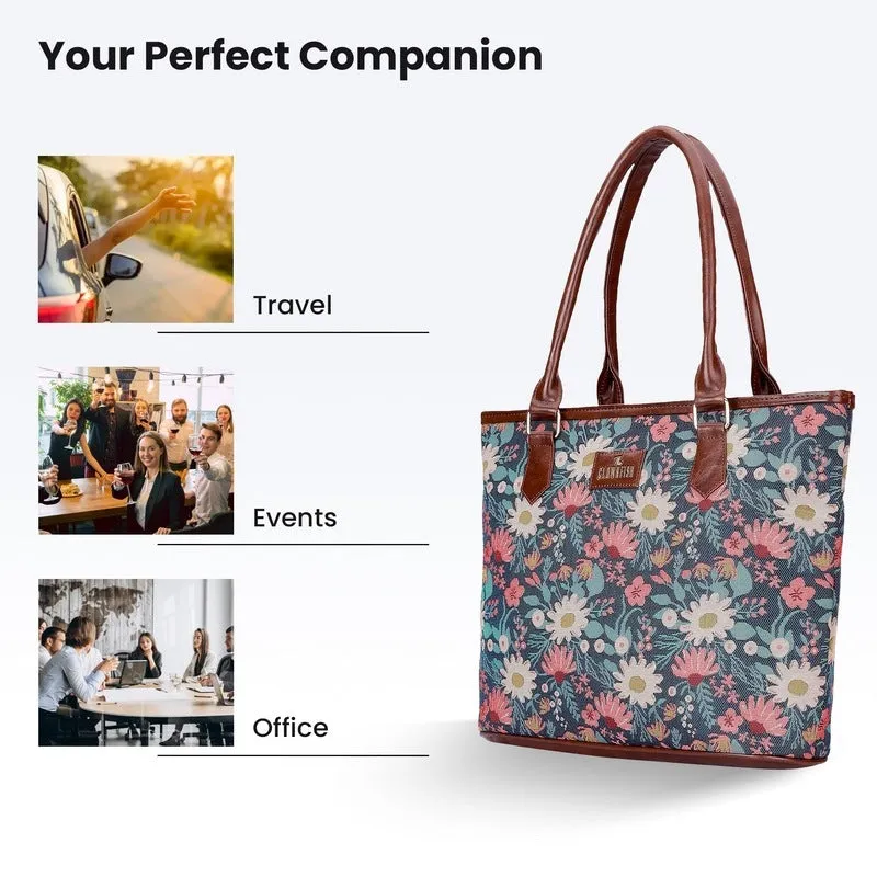 THE CLOWNFISH Justina Tapestry Fabric & Faux Leather Handbag for Women Office Bag Ladies Shoulder Bag Tote For Women College Girls (Purple-Floral)